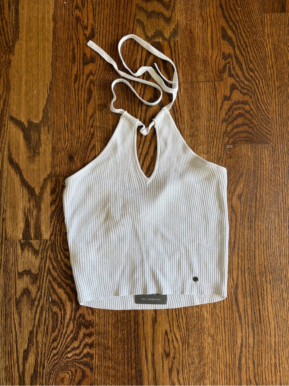 Silver Ribbed Halter Crop Top with Keyhole Neck